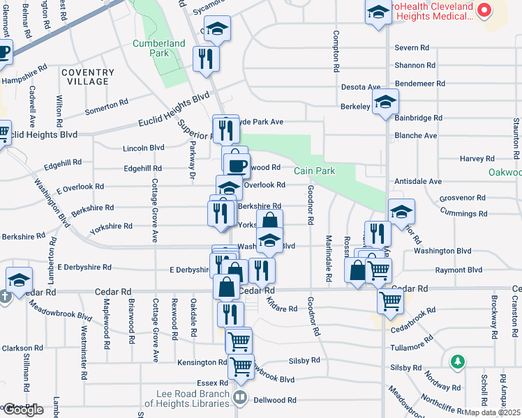 map of restaurants, bars, coffee shops, grocery stores, and more near 3238 Berkshire Road in Cleveland Heights