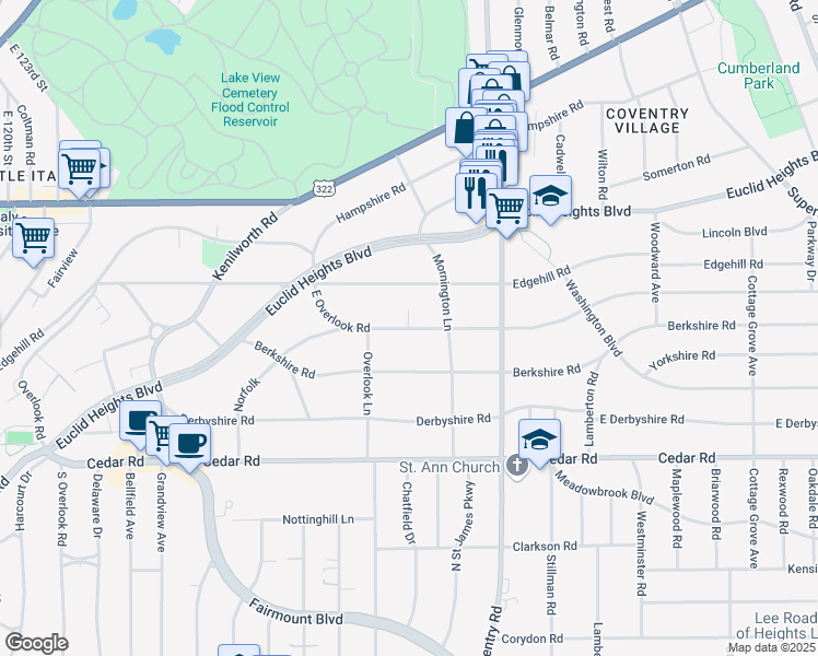 map of restaurants, bars, coffee shops, grocery stores, and more near 2705 East Overlook Road in Cleveland Heights