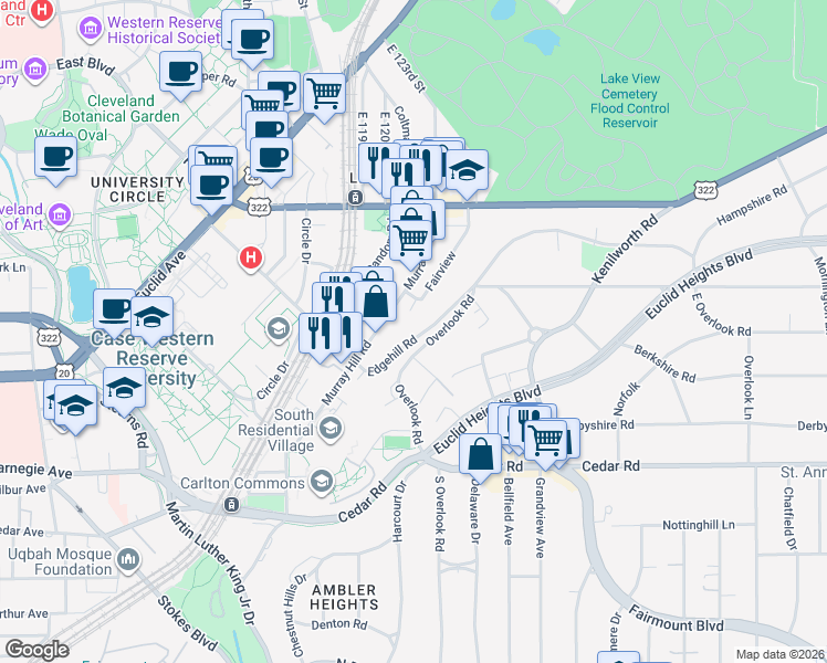 map of restaurants, bars, coffee shops, grocery stores, and more near 2327 Edgehill Road in Cleveland