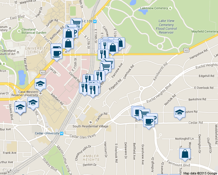 map of restaurants, bars, coffee shops, grocery stores, and more near 2327 Edgehill Road in Cleveland