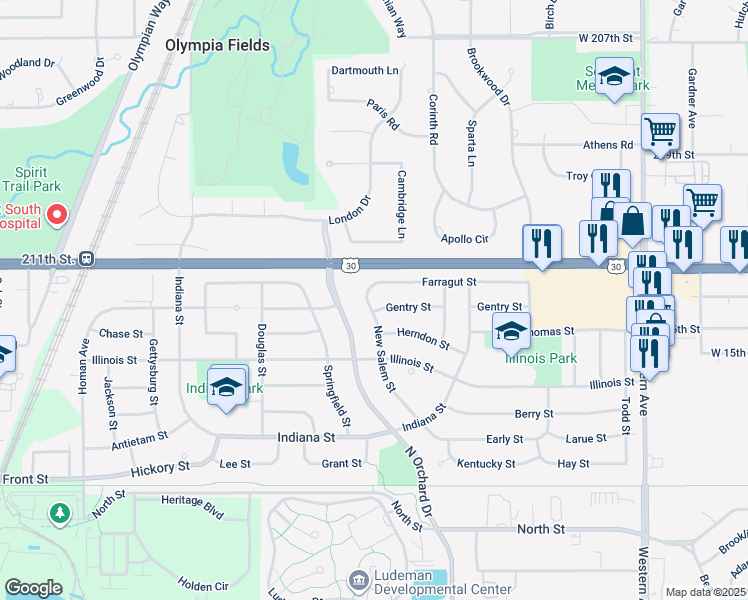 map of restaurants, bars, coffee shops, grocery stores, and more near 330 Gentry Street in Park Forest