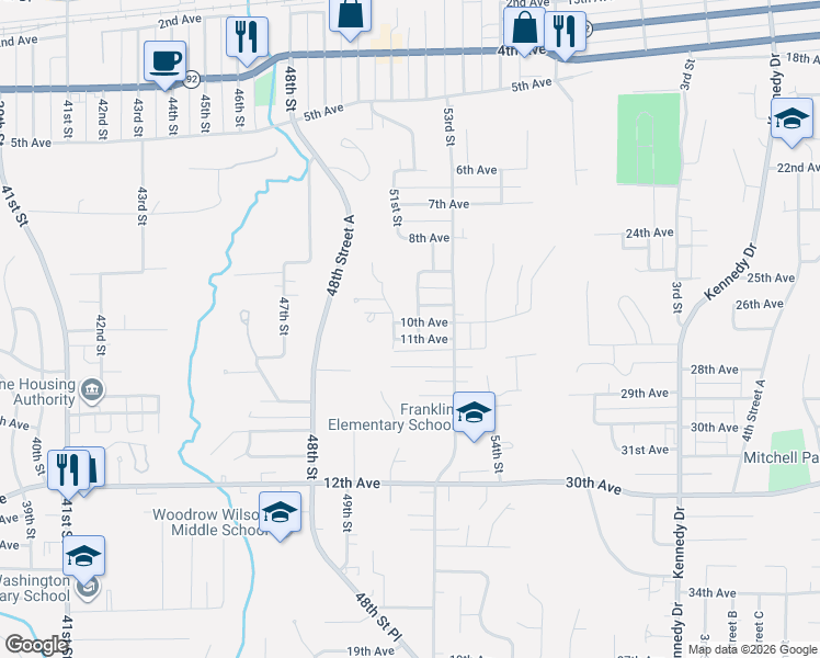map of restaurants, bars, coffee shops, grocery stores, and more near 10th Avenue in Moline