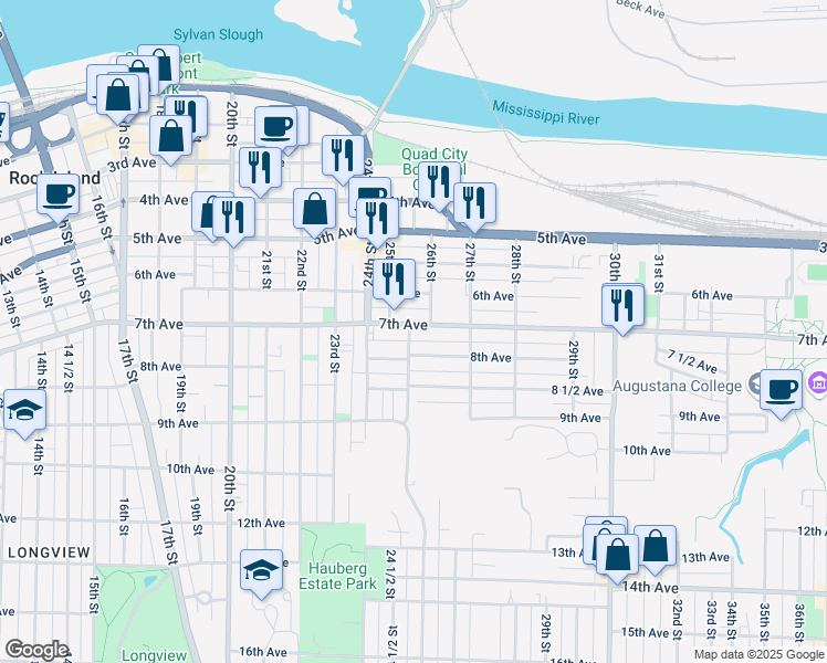 map of restaurants, bars, coffee shops, grocery stores, and more near 2424 7th Avenue in Rock Island