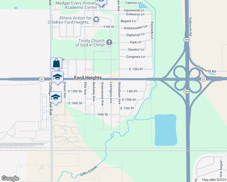 map of restaurants, bars, coffee shops, grocery stores, and more near 1423 Lexington Avenue in Ford Heights