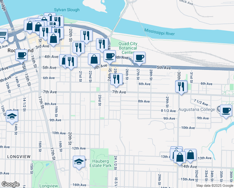 map of restaurants, bars, coffee shops, grocery stores, and more near 2424 7th Avenue in Rock Island