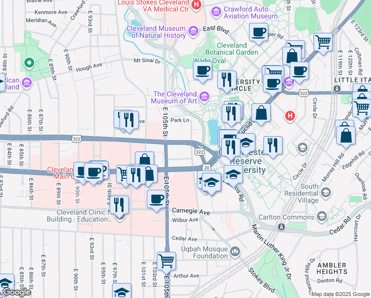 map of restaurants, bars, coffee shops, grocery stores, and more near 16000 Chester Avenue in Cleveland