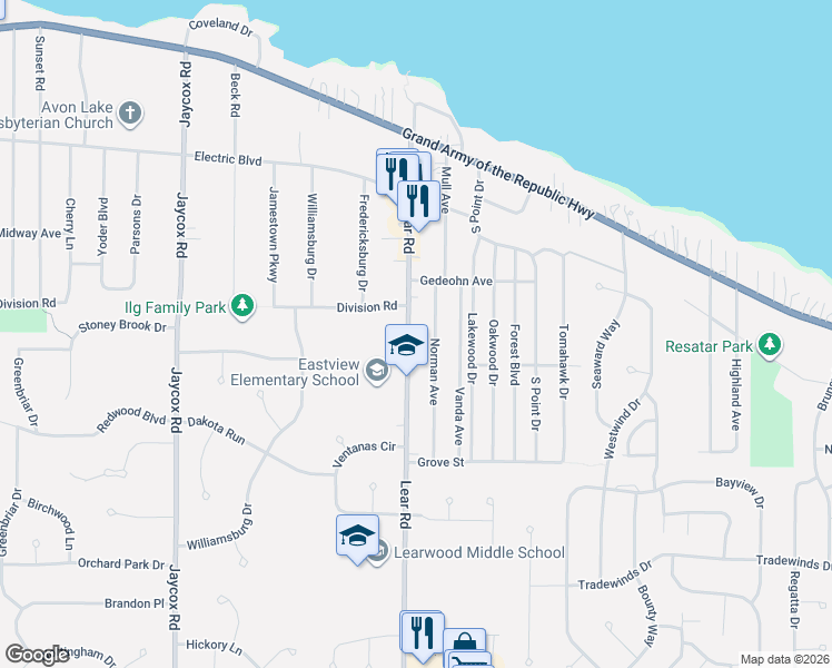 map of restaurants, bars, coffee shops, grocery stores, and more near 210 Lear Road in Avon Lake