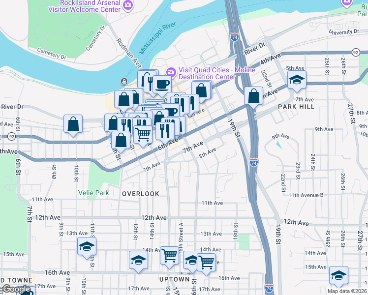 map of restaurants, bars, coffee shops, grocery stores, and more near 619 16th Street in Moline