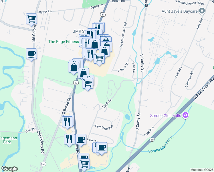 map of restaurants, bars, coffee shops, grocery stores, and more near 30 Angela Drive in Wallingford