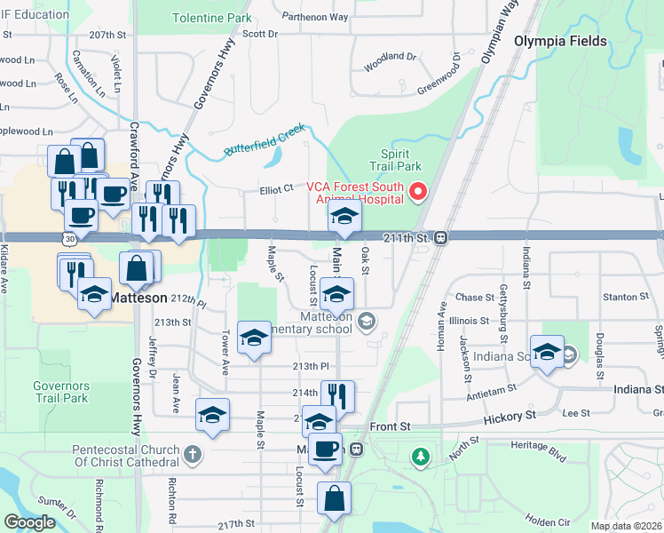 map of restaurants, bars, coffee shops, grocery stores, and more near 21136 Main Street in Matteson