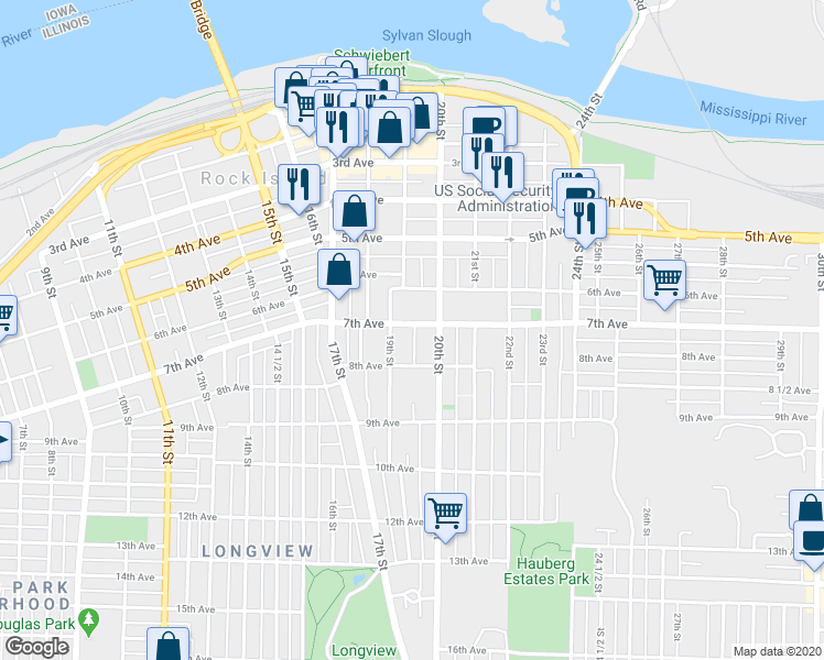 map of restaurants, bars, coffee shops, grocery stores, and more near 1918 7th Avenue in Rock Island