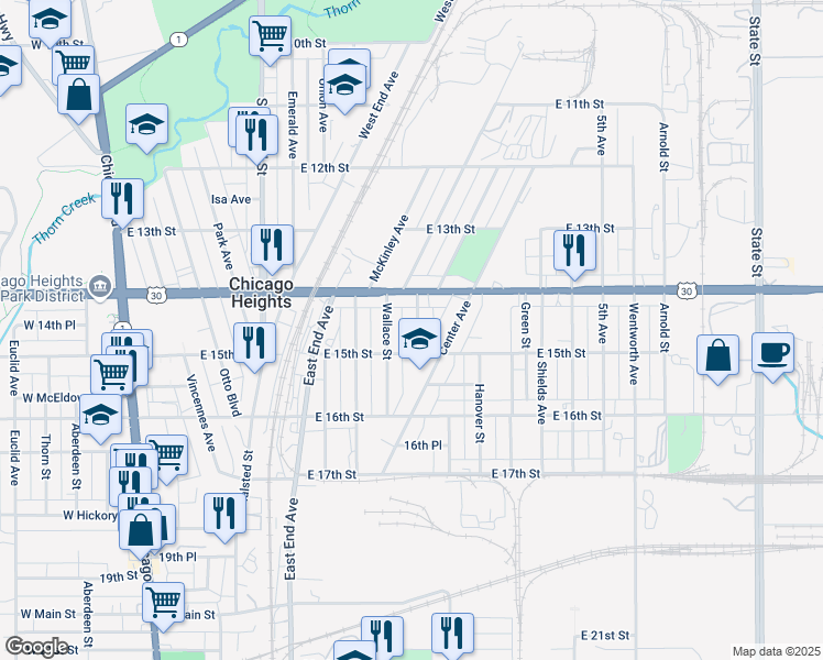 map of restaurants, bars, coffee shops, grocery stores, and more near 1424 Parnell Avenue in Chicago Heights