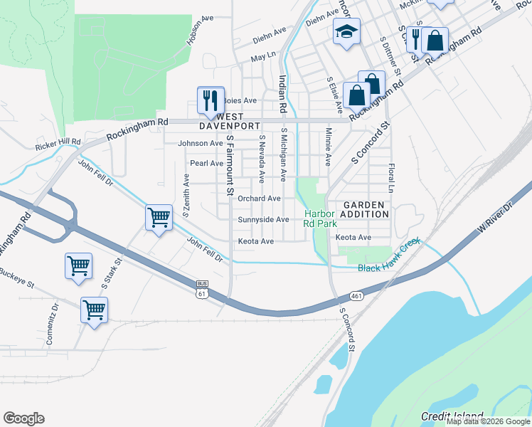 map of restaurants, bars, coffee shops, grocery stores, and more near 1328 South Nevada Avenue in Davenport