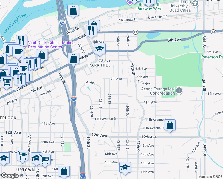 map of restaurants, bars, coffee shops, grocery stores, and more near 938 24th Street in Moline