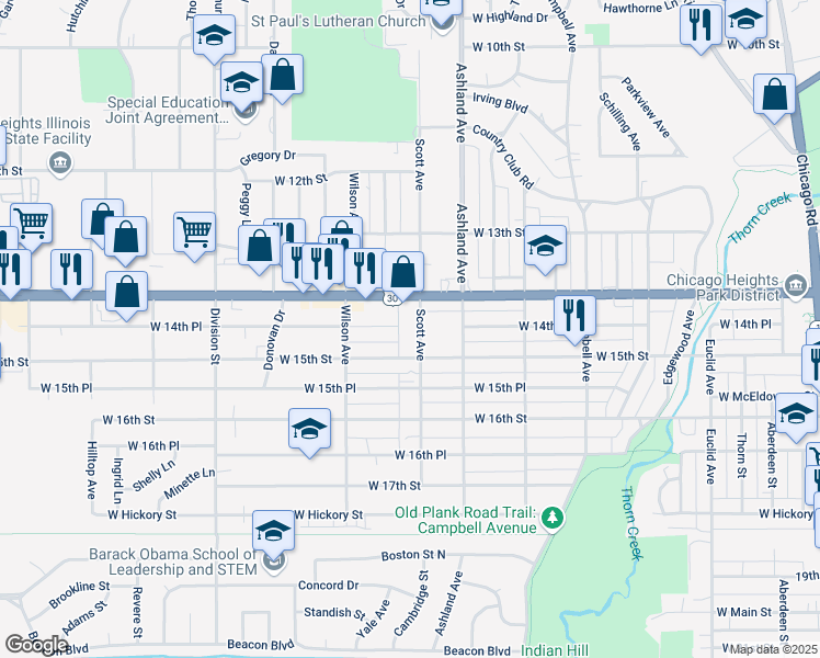 map of restaurants, bars, coffee shops, grocery stores, and more near 1434 Scott Avenue in Chicago Heights