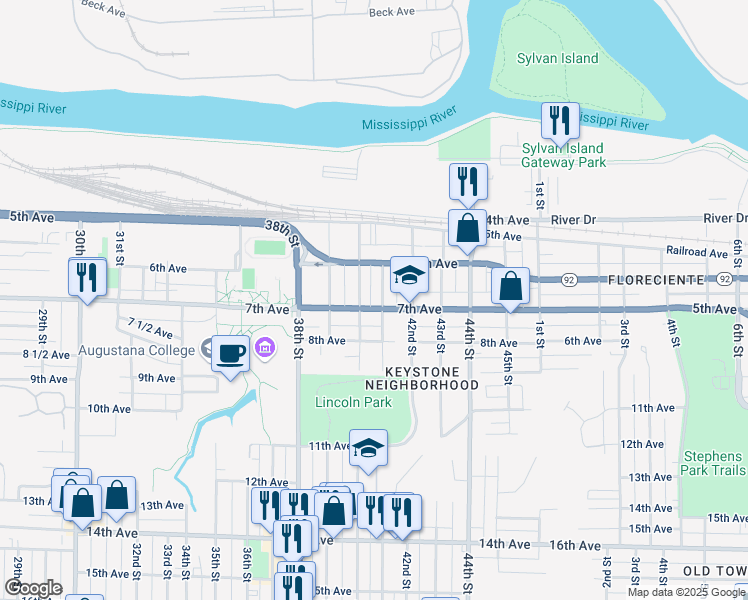 map of restaurants, bars, coffee shops, grocery stores, and more near 4011 7th Avenue in Rock Island