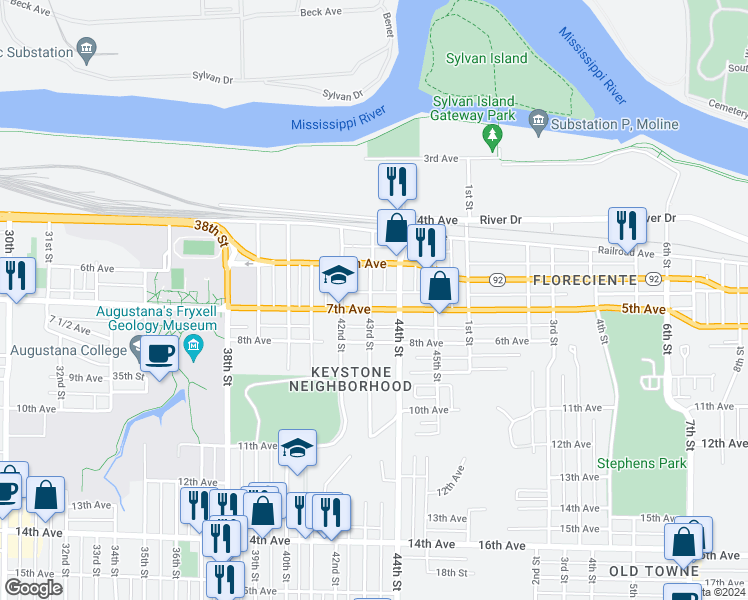 map of restaurants, bars, coffee shops, grocery stores, and more near 4303 7th Avenue in Rock Island
