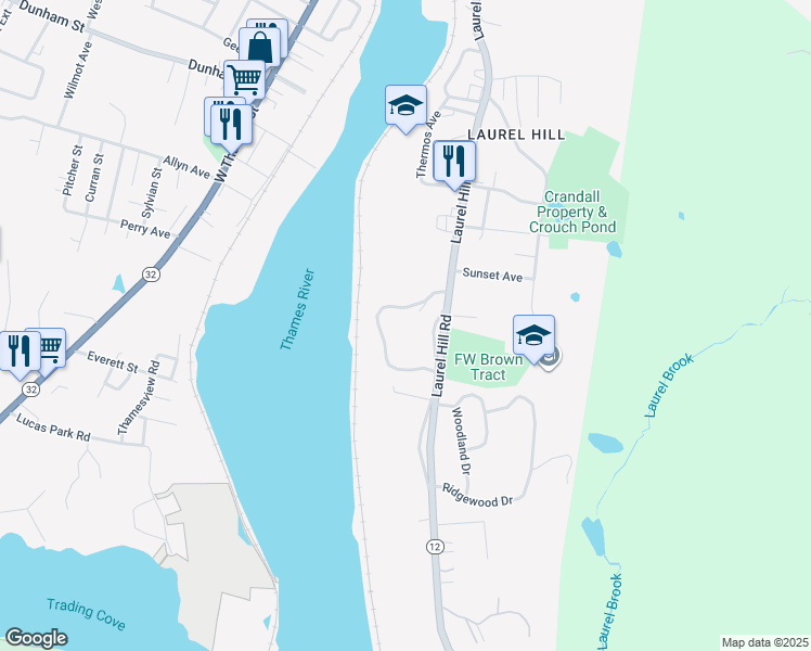 map of restaurants, bars, coffee shops, grocery stores, and more near 495 Laurel Hill Road in Norwich