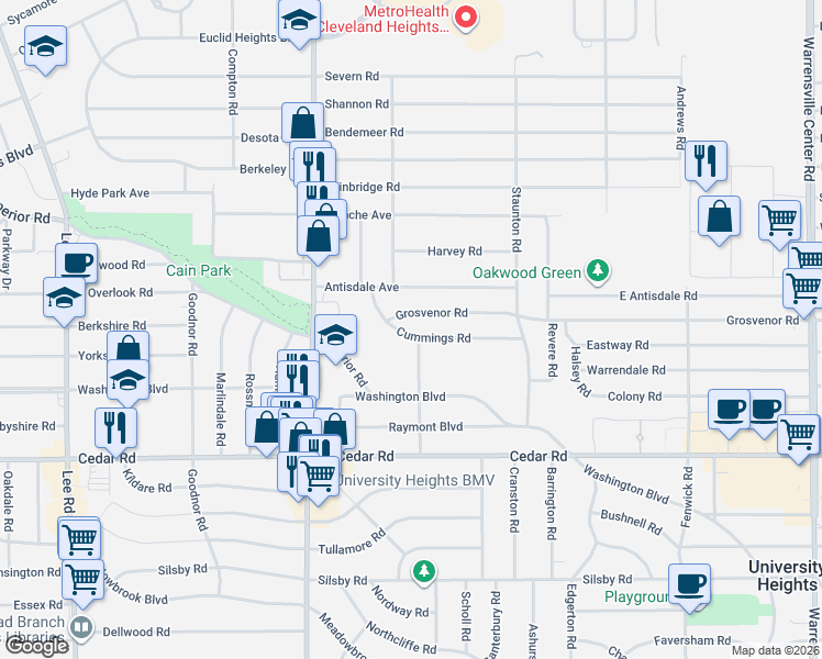 map of restaurants, bars, coffee shops, grocery stores, and more near 3559 Cummings Rd in Cleveland Heights