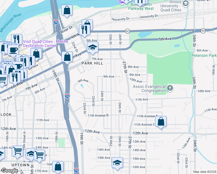 map of restaurants, bars, coffee shops, grocery stores, and more near 938 24th Street in Moline