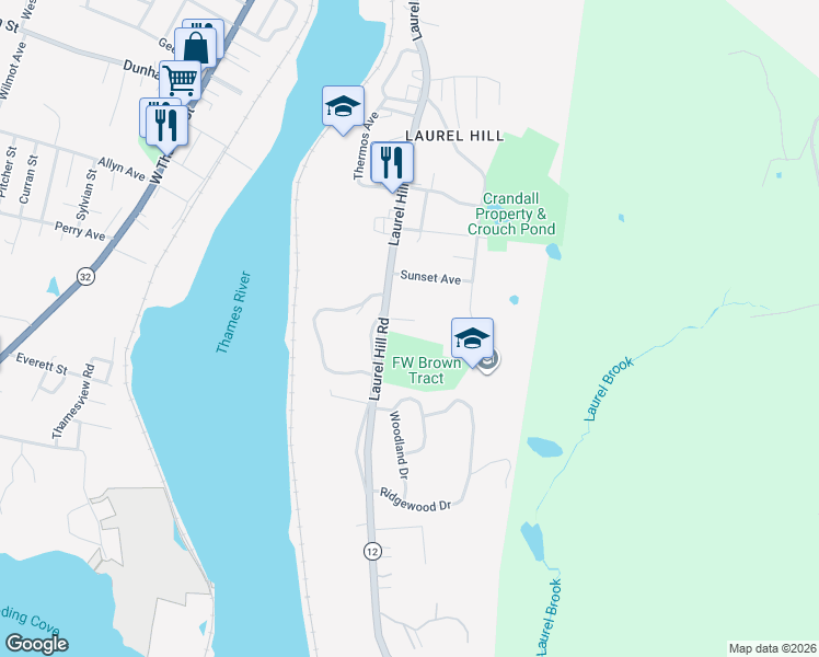 map of restaurants, bars, coffee shops, grocery stores, and more near 5 Mount Laurel Road in Norwich