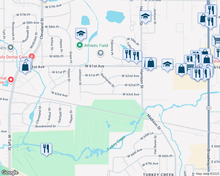 map of restaurants, bars, coffee shops, grocery stores, and more near 1212 West 62nd Place in Merrillville