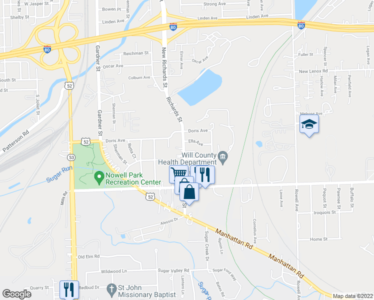 map of restaurants, bars, coffee shops, grocery stores, and more near 1016 Richards Street in Joliet