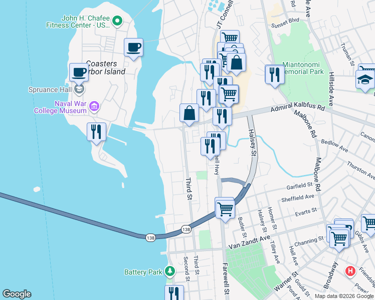 map of restaurants, bars, coffee shops, grocery stores, and more near 209 3rd Street in Newport