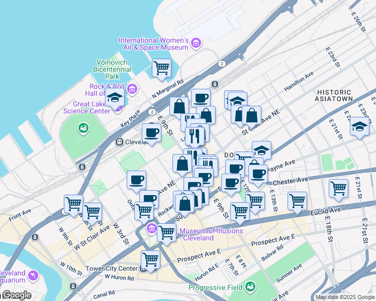 map of restaurants, bars, coffee shops, grocery stores, and more near 1121e East 10th Street in Cleveland