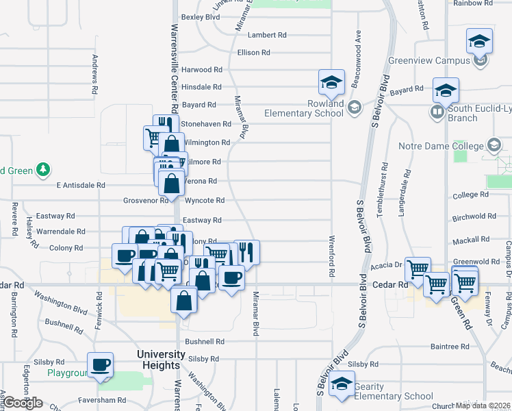 map of restaurants, bars, coffee shops, grocery stores, and more near 4142 Wyncote Road in South Euclid