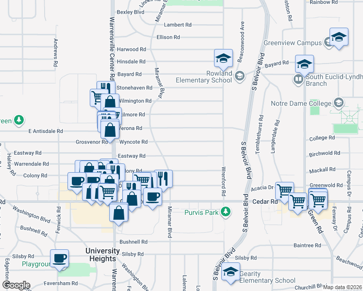 map of restaurants, bars, coffee shops, grocery stores, and more near 4142 Wyncote Road in South Euclid