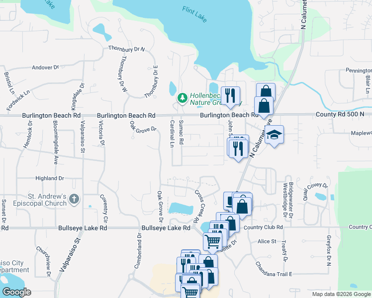 map of restaurants, bars, coffee shops, grocery stores, and more near 1302 Bobolink Road in Valparaiso