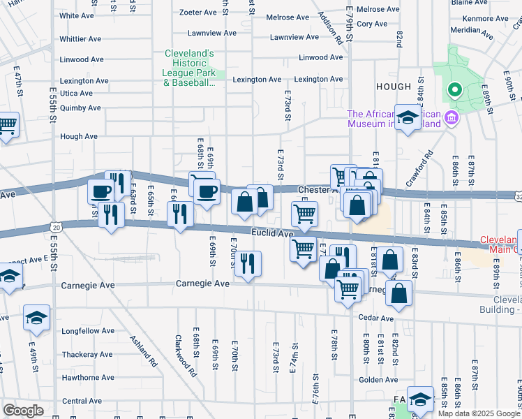 map of restaurants, bars, coffee shops, grocery stores, and more near 1963 East 71st Street in Cleveland