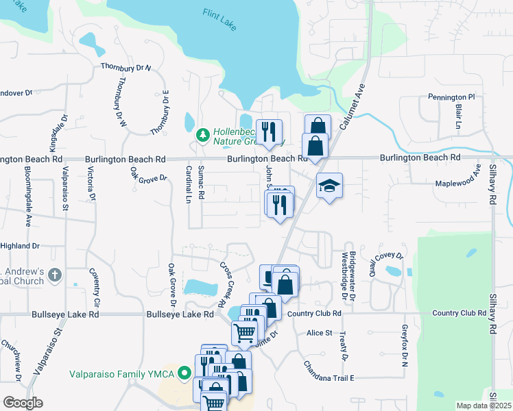 map of restaurants, bars, coffee shops, grocery stores, and more near 4019 Wildwood Avenue in Valparaiso