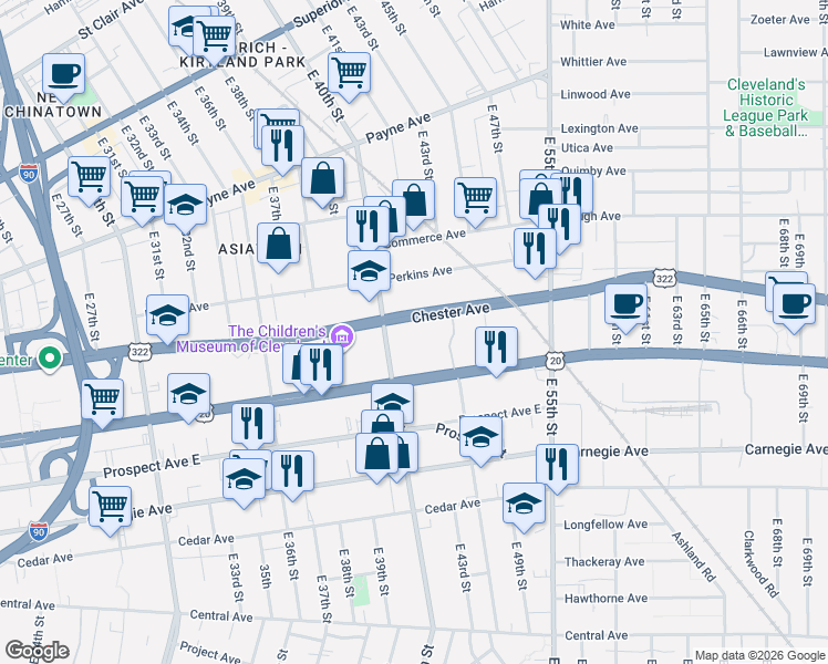 map of restaurants, bars, coffee shops, grocery stores, and more near 4122 Chester Avenue in Cleveland