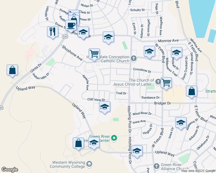 map of restaurants, bars, coffee shops, grocery stores, and more near 270 Clear View Dr in Green River