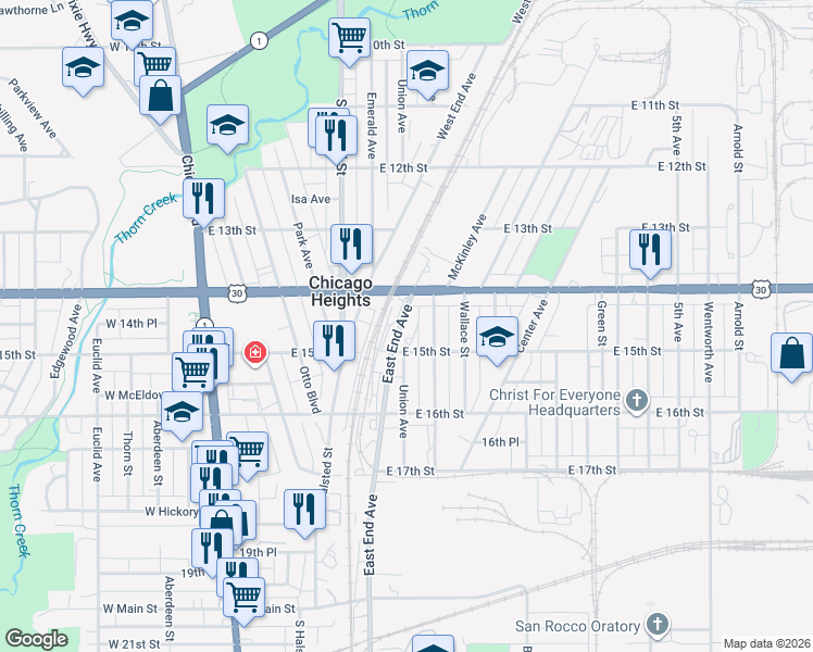 map of restaurants, bars, coffee shops, grocery stores, and more near 1429 East End Avenue in Chicago Heights
