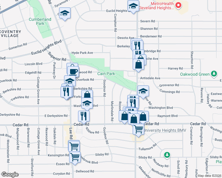 map of restaurants, bars, coffee shops, grocery stores, and more near 2008 Marlindale Road in Cleveland Heights