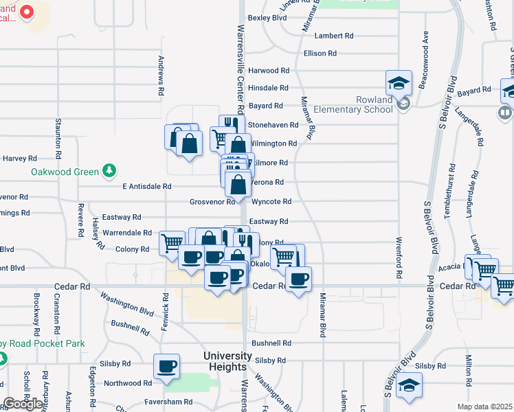 map of restaurants, bars, coffee shops, grocery stores, and more near 4016 Wyncote Road in South Euclid
