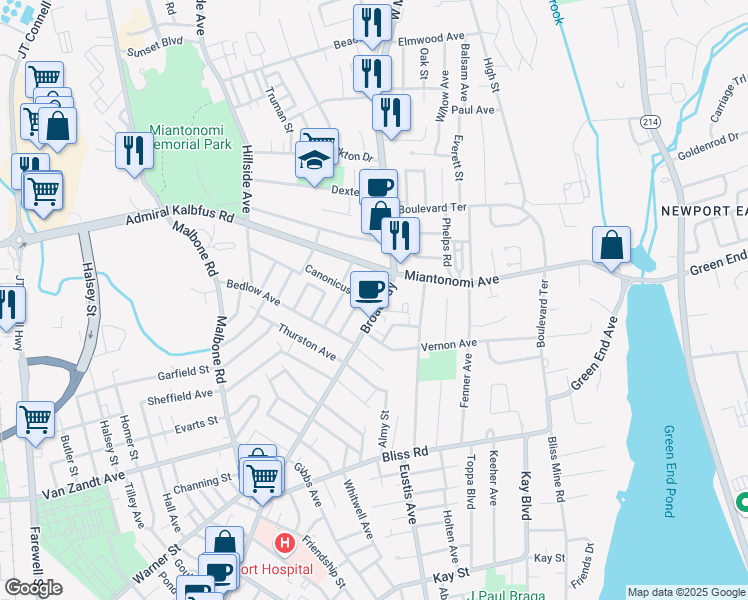 map of restaurants, bars, coffee shops, grocery stores, and more near 2 Rowland Road in Newport