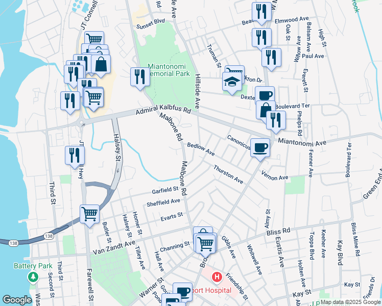 map of restaurants, bars, coffee shops, grocery stores, and more near 12 1/2 Cummings Road in Newport