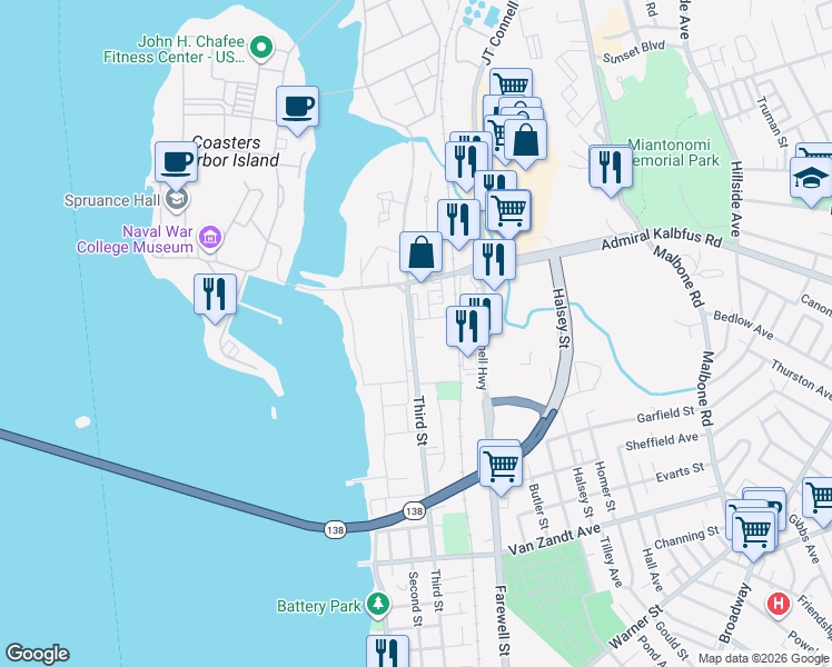 map of restaurants, bars, coffee shops, grocery stores, and more near 209 3rd Street in Newport