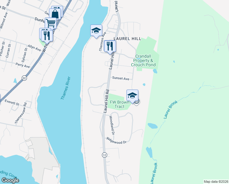 map of restaurants, bars, coffee shops, grocery stores, and more near 5 Mount Laurel Road in Norwich