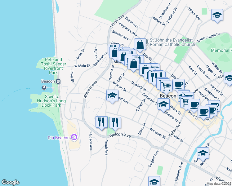 map of restaurants, bars, coffee shops, grocery stores, and more near 78 Rombout Avenue in Beacon