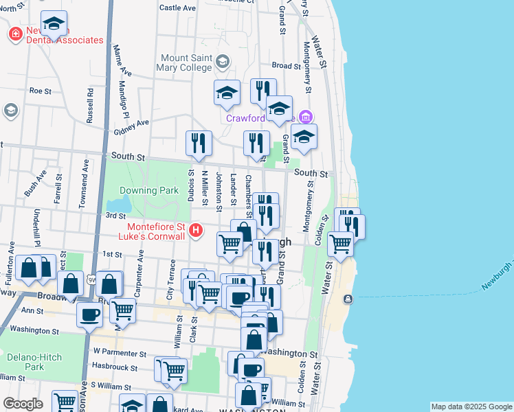 map of restaurants, bars, coffee shops, grocery stores, and more near 123 Chambers Street in Newburgh