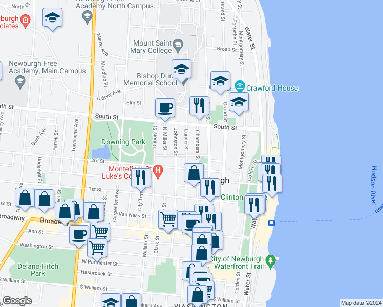 map of restaurants, bars, coffee shops, grocery stores, and more near 123 Chambers Street in Newburgh