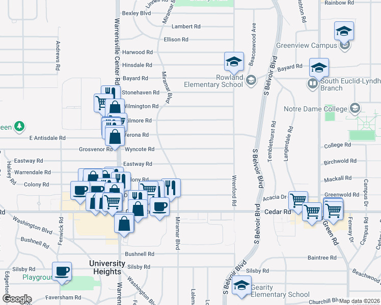 map of restaurants, bars, coffee shops, grocery stores, and more near 4142 Wyncote Road in South Euclid