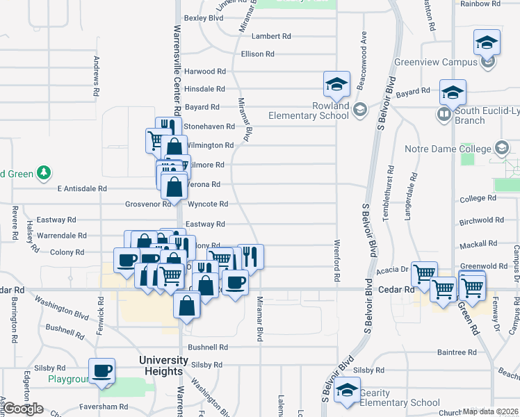 map of restaurants, bars, coffee shops, grocery stores, and more near 4142 Wyncote Road in South Euclid