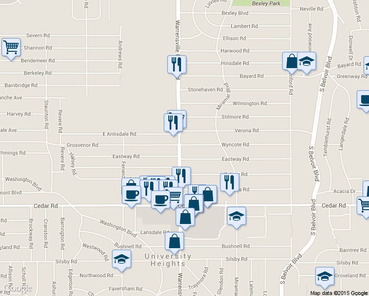 map of restaurants, bars, coffee shops, grocery stores, and more near 4016 Wyncote Road in South Euclid