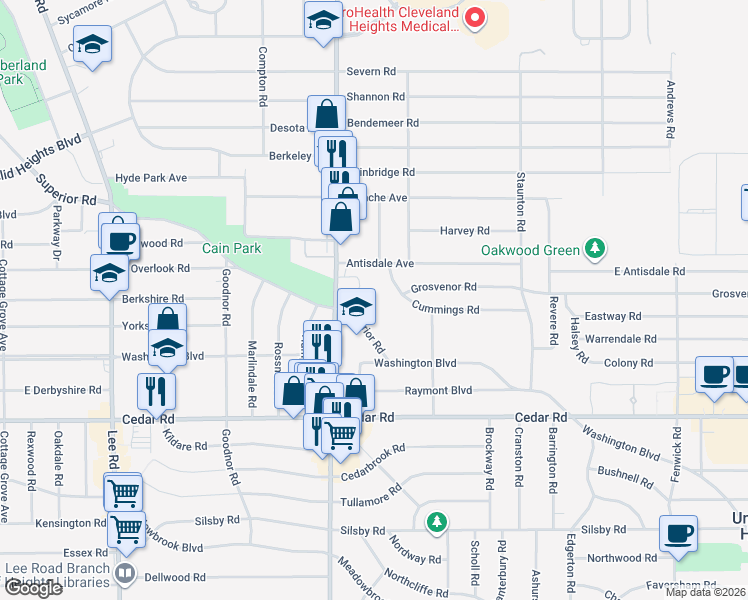 map of restaurants, bars, coffee shops, grocery stores, and more near in South Euclid